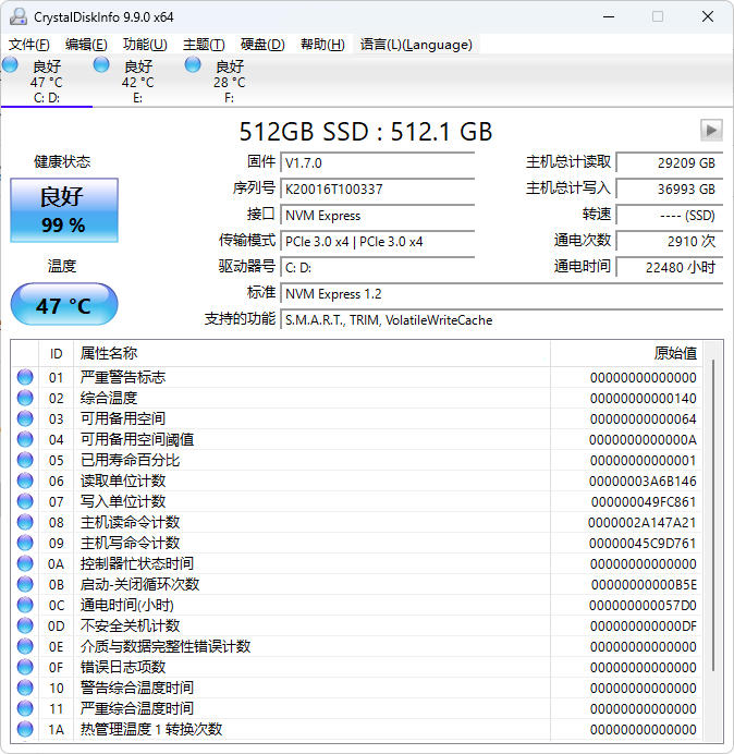 CrystalDiskInfo_9.9.0 磁盘健康状态检测 x86 x64自适应 单文件版 [3.96M]-玉桂狗